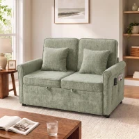 HOMCOM 2 Seater Sofa Bed 3-in-1 Convertible Chenille Pull Out Sleeper Sofa with 5-Position Adjustable Backrest, Light Green(m-14)