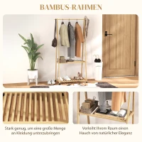 HOMCOM Kleiderständer, 2 untere Regale, 67 cm lange Kleiderstange, Bambusholz, Rollen(m-6)