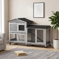 PawHut Clapier bois pour lapins petit enclos animaux villa pour lapin sur roulettes 2 étages gris(m-2)