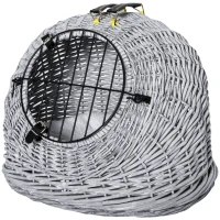 PawHut Transporttasche für Katze Hund aus Weide geflochten Korbhöhle mit Kissen Gitter für Transport Katzen Hunden Grau Metall 50 x 40 x 40 cm(m-1)