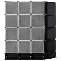 HOMCOM Armário Modular de Plástico Armário Portátil com 16 Cubos e 2 Barras Organizador de Sapatos Roupas Brinquedos para Entrada Corredor Dormitório 145x46x162cm Preto e Branco(m-12)