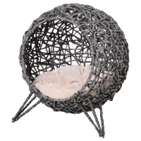 PawHut Katzenhaus aus Rattan mit Kissen Katzenschlafplatz Katzenhöhle mit erhöhten Füßen Silbergrau Ø52 x 58 cm(m-11)