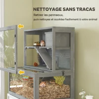 PawHut Cage Hamster en Bois, 3 Niveaux avec Cabane, Roue, Rampes, Panneau Transparent, Espaces Séparés, 80x50x84cm, Gris(m-7)