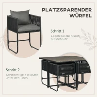 Outsunny Outdoor Essgruppe, Gartengarnitur, 5-teilig, Polyrattan, Sitzkissen, wetterfest, Schwarz/Grau(m-7)