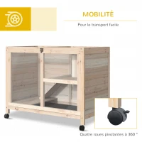 PawHut Cage à lapin clapier sur roulettes petit enclos animaux en bois massif 2 étages toit ouvrant plates-formes 91,5 x 53,3 x 73 cm bois naturel(m-6)