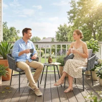 Outsunny 3-teiliges Außenmöbel-Set, 2 Stühle, 1 Tisch, Bistro-Set, Kunst-Rattan, Stahlrahmen, Metalltisch, 4 Kissen, Grau(m-9)