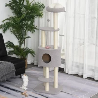 PawHut Arranhador para Gatos Altura 148 cm Arranhador para Gatos com Postes de Sisal 3 Plataformas Casa e Bola Suspensa Cinza(m-10)