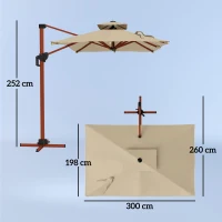 Outsunny Chapéu de Sol Excêntrico 300x198x252 cm com Manivela Inclinação Ajustável Duplo Teto e Base Cruzada Giratória 360° Caqui(m-3)