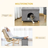 PawHut Niche chat maison de chat design surélevé avec coussin amoviable et lavable en peluche doux repose-pieds, dessus ouvrable, gris(m-4)