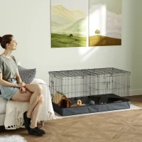 PawHut 2-in-1-Zwerghamsterkäfig, Kleintierkäfig, Stoffboden, Sitzstangen, Rampe, Schwarz(m-2)