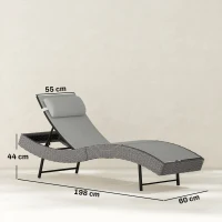 Outsunny Chaise longue en résine tressé, bain de soleil avec dossier réglable 5 positions et appui-tête, 198 x 61 x 44 cm, gris(m-3)