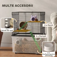 PawHut Cușcă pentru Hamsteri cu 3 Etaje, Roți, 2 Platforme, Rampe, Castron și Sticlă, 58x43x74 cm, Negru(m-6)