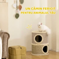 PawHut Căsuță pentru Pisici cu Stâlp de Zgâriat, Tip Turn, 2 Culcușuri, Sisal și Iarbă de Mare, Margini din Pluș, Kaki(m-4)