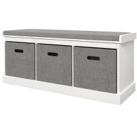 HOMCOM Bancă pentru Pantofi din Lemn cu 3 Sertare și Șezut Tapițat din Material Textil pentru 3 Perechi de Pantofi, 105x35x47 cm, Alb(m-12)