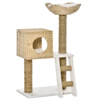 PawHut Arranhador para Gatos Arranhador para Gatos com Cama Superior Caverna 2 Almofadas 2 Postes Escada 57x37x100,5cm Bege(m-12)