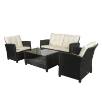 Outsunny Gartenmöbel-Set. 4-tlg., 2 Sessel, 1 Sofa, 1 Couchtisch, abnehmbare Polster, PE-Rattan, Schwarz(m-11)