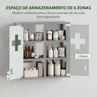 HOMCOM Armário de Medicamentos de Parede com Fechadura, Portas de Vidro, Prateleiras e 2 Chaves para Casa de Banho e Cozinha 46x12x48 cm Prateado(m-4)