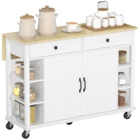 HOMCOM Ilha de Cozinha com Rodas Bancada Dobrável 2 Portas com Fecho Suave 2 Gavetas 6 Prateleiras Abertas 120x65x89 cm Branco(m-11)