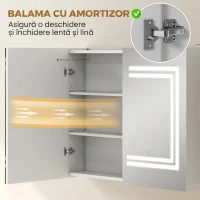 kleankin Oglindă Baie cu Dulap și LED, 80 x 65cm, Ușă Soft Close, Reglabilă pe 3 Culori, Rafturi Ajustabile, Alb Lucios(m-7)