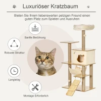 PawHut Kratzbaum Katzenbaum für Katzen Kletterbaum aus Holz mit Katzenhöhle Jutestämmen großer Plattform Spielbälle 130 cm Höhe stabil Plüsch Gelb 60 x 40 x 130 cm(m-4)