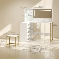HOMCOM Penteadeira de Maquilhagem com Espelho LED, Banco, 5 Gavetas, 2 Compartimentos e 2 Prateleiras em Vidro, Branco(m-3)