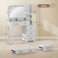 HOMCOM Coiffeuse avec miroir et 9 lumières LED, 4 tiroirs et 6 compartiments ouverts, 100 x 40 x 138 cm, blanc(m-3)