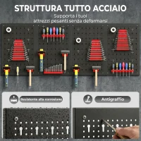 HOMCOM Set 4 Pannelli Porta Attrezzi da Parete in Acciaio 38pz, con 12 Supporti e 22 Ganci, Nero e Rosso(m-4)
