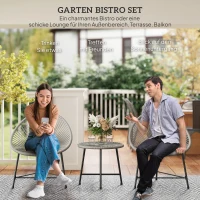 Outsunny 3-teiliges Gartenmöbel-Set, 2 Kunststoffrattan-Stühle, 1 Tisch mit Glasplatte, Stahlrahmen, Outdoor-Sitzmöbel, Grau(m-4)