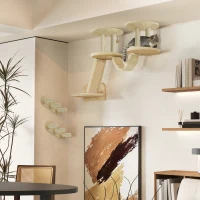 PawHut Katzentreppen-Set, Wand- und Deckenmontage, für Katzen bis 5 kg, Beige(m-10)