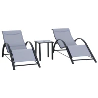 Outsunny Set de 2 șezlonguri și măsuță cu blat din sticlă, 59x169x66 cm, gri deschis(m-11)
