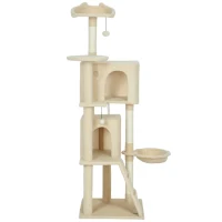 PawHut Kratzbaum 160 cm Katzenturm mit Hängematte, Leiter, Höhle, 2 Plüschballen, Sisalstämme, 48 x 48 x 160 cm, Beige(m-11)