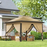 Outsunny Pérgola Dobrável Exterior com Altura Ajustável Teto Duplo  4 Mosquiteiras Removíveis e Bolsa de Transporte 3,3x3,3 m Bege(m-9)