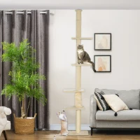 PawHut Kratzbaum, verstellbare Höhe 225-275 cm, stabile Basis, Kippschutz, Plüschbezug, Cremeweiß(m-10)