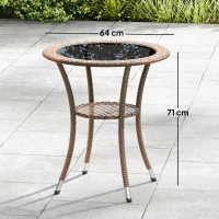 Outsunny Mesa de Vime Redonda Ø64x71 cm Mesa de Jardim com Estante e Tampo de Vidro Suporta 50 kg para Terraço Pátio Castanho(m-3)