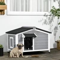 PawHut Casa para Cães de Madeira Casa para Animais de Estimação com Teto Asfáltico 2 Janelas Porta com Cortina 97x72x65 cm Cinza(m-10)