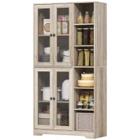 HOMCOM Armário de Cozinha Móvel Auxiliar de Cozinha com Prateleiras Abertas e 4 Portas de Vidro 90x35x172 cm Cinza Claro(m-11)