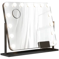 HOMCOM Espelho de Maquilhagem Estilo Hollywood com Luzes Espelho de Toucador Giratório com 14 Lâmpadas LED e Entrada USB 62,5x14x49,5 cm Preto(m-11)