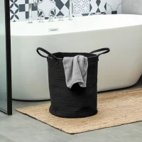 HOMCOM Coș pentru rufe de 36L, portabil și pliabil, cu mânere din bumbac natural, Ø38x45 cm, negru(m-6)
