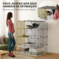 PawHut Gaiola Grande para Gatos de Interior com 49 Painéis, 4 Níveis, 5 Portas, 3 Plataformas, Rampas e Rede, DIY, 105x70x140 cm, Preto(m-6)