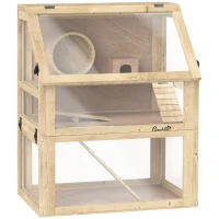 PawHut Wooden Hamster Cage with Detachable 32cm Deep Bottom, Hut, Seesaw, Exercise Wheel, Ramp, 60 x 40 x 75cm, Natural(m-1)