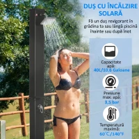 Duș Solar Outsunny de Grădină 40L și Temperatură 60°C, Cap Rotativ și Robinet pentru Picioare, Negru(m-4)