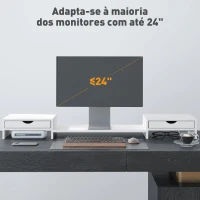 HOMCOM Suporte para Monitor com Ângulo e Comprimento Ajustável e 2 Gavetas para Escritório 60-116x22x12 cm Branco(m-7)