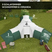 Outsunny Campingzelt für 6-9 Personen, 4 Räume, Vorzelt, wasserdicht, 615x 615x225cm, Grün(m-4)