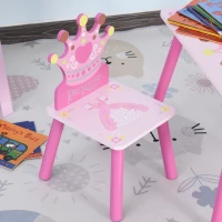 HOMCOM Ensemble table et 2 chaises enfant 3 pièces, pieds en bois massif, table avec chaise motif couronne, pour filles et garçons de 2 à 4 ans, rose(m-9)