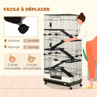 PawHut Cage pour lapin enclos à 5 niveaux avec 3 portes 5 rampes plateau amovible roulettes 81 x 52,5 x 159 cm noir et gris(m-5)