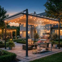 Outsunny Pérgola de Jardim 3x3,8 m com Toldo Corrediço Ajustável a 90° Manivela, Estrutura de Alumínio e Aço UPF50+ Bege(m-9)