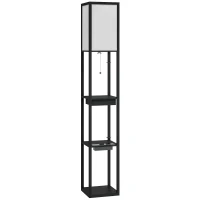 HOMCOM Stehlampe mit 3-stufigem Regal, Fußschalter, USB-Anschlüssen, MDF, Schwarz(m-1)