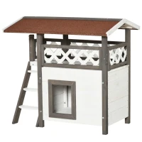 PawHut Casa para Gatos de Madeira 77x50x73cm Casa para Gatos com 2 Níveis com Teto Asfáltico Terraço Cercado Caverna e Escada para Interior e Exterior Branco e Cinza(m-10)