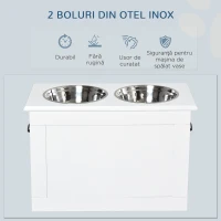 PawHut Boluri Înălțate pentru Câini Mari, Suport din MDF cu 2 Boluri din Oțel Inoxidabil, 60x30x41 cm, Alb(m-5)