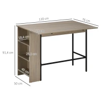 HOMCOM Ilot centra table de bar plateau latéral  rabattable et 3 étagères 120 x 76 x 91,4 cm gris clair(m-3)